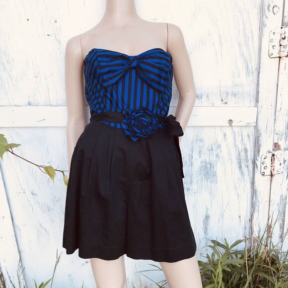 Anthropologie Chorus Girl Romper Maeve Black Blue Stripe Strapless Sz 6 M Retro - Picture 1 of 13